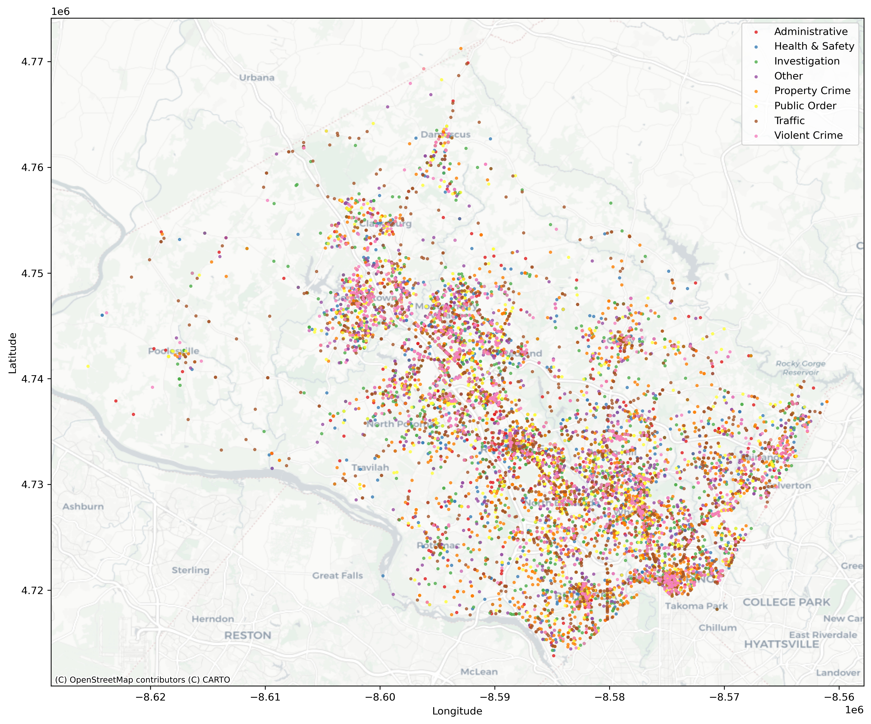 Spatial distribution of incidents in Montgomery County